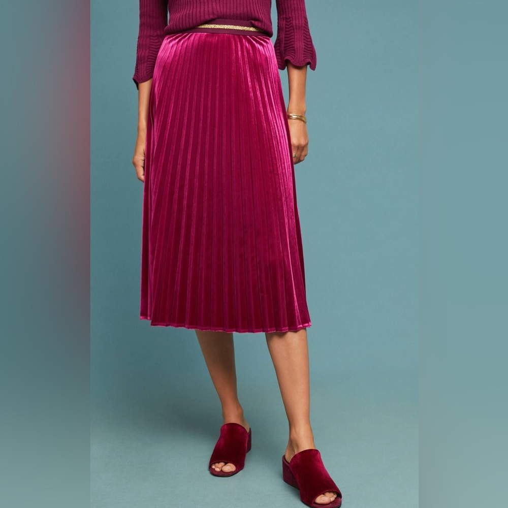 Maeve Pink Pleated Velvet Skirt
